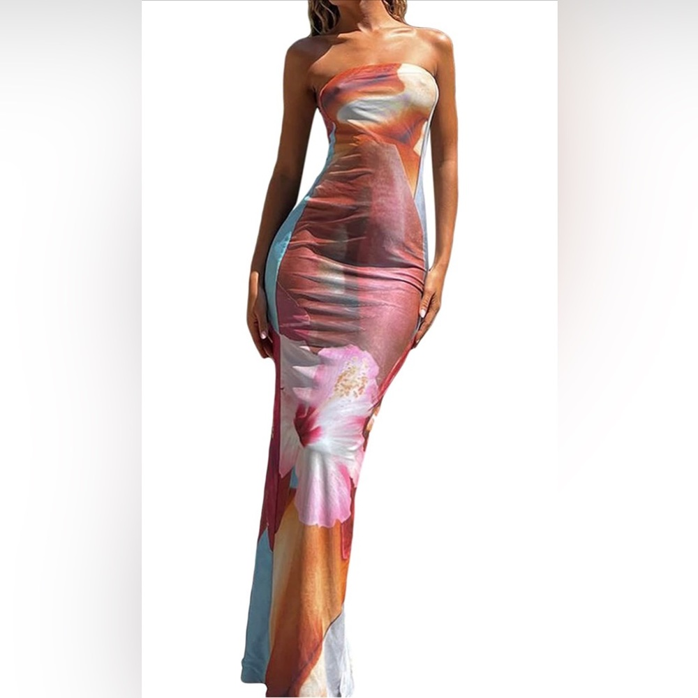 NWT (M) Long Stretchy Maxi Strapless Bodycon Sheer Lined Slip Dress Slit Back